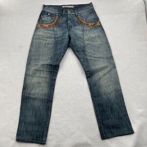 Sixty Men's Blue Denim Pants Jeans Straight Zip Pockets Button Cotton Size 34x32